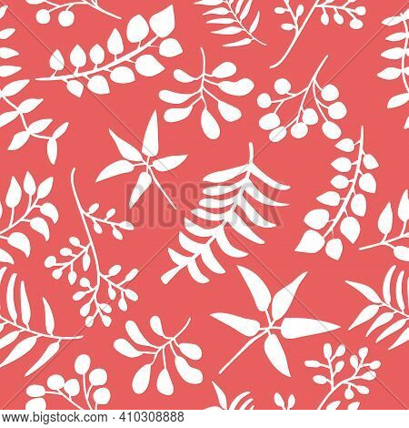 White Plants On Red Background Pattern For Textile And Fabric