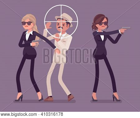 Bodyguard Women Protect Important Famous Man, Optical Sniper Sight. Professional Trained Armed Perso
