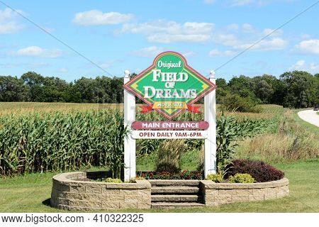 DYERSVILLE, IOWA - AUGUST 20, 2015: Field of Dreams movie site sign. The 1989 film starring Kevin Costner was filmed on the Lansing Family Farm.