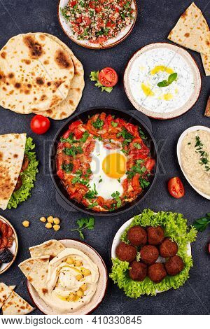 Traditional Jewish Food. Hummus, Falafel, Shakshuka, Tsimes, Forshmak And Pita