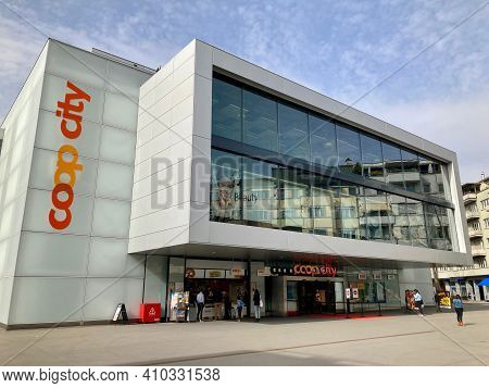 Zug, Switzerland - 26th February 2021 : View Of The Coop City Department Store Located In The City O