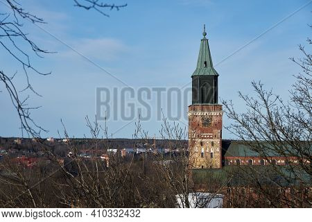 Turku Cathedral With A Blue Sky In The Background. Copy Space.