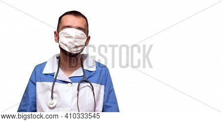 Young Man Wearing Medical Face Mask Over Her Eyes - Funny Corona Denier Concept, Isolated, Copy Spac