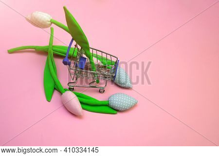 Bouquet Tulips In Shpping Trolley. Hand Made Fabric Flower For Lovers Gift For Valentines Day Or Wom
