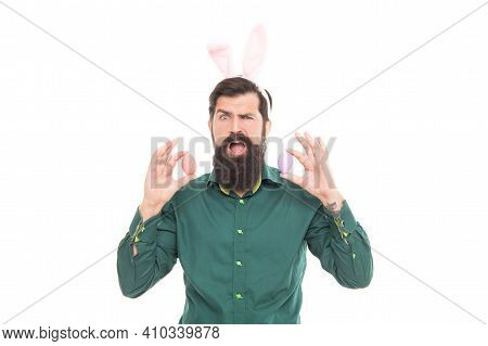 Funny Man In Rabbit Ears. Brutal Easter Man Isolated On White. Bunny Egg Hunt. Just Having Fun. East