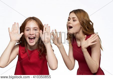 Mom And Daughter Red Dress Hug Family Joy Friendship