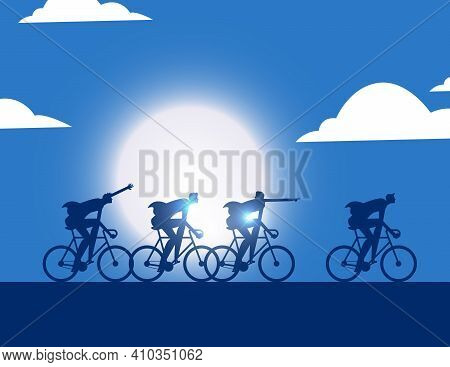 Business Team Silhouette Riding Bicycle Away Forward Together