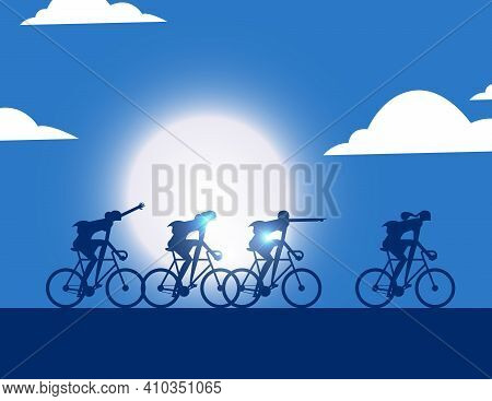 Business Team Silhouette Riding Bicycle Away Forward Together