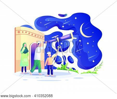 Ramadan Kareem, Muslim People Search At The Sky With A Telescope For The New Moon That Signals The S