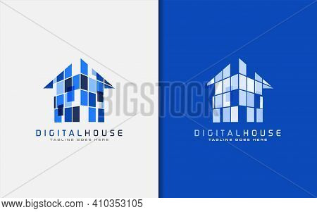 Creative Digital Blue House Logo Design. Usable For Business Brand, Tech And Company. Vector Logo Il