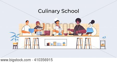 Mix Race Chefs Preparing Dishes People Cooking Food Culinary School Concept Kitchen Interior Horizon