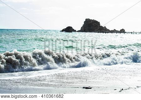Coral Reef In The Black Sea. Waves White Sunny Autumn Day.