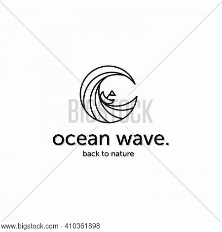 Minimalist Ocean Wave Logo Vector Line Art, Design Illustration Of Surfing Concept At The Marine