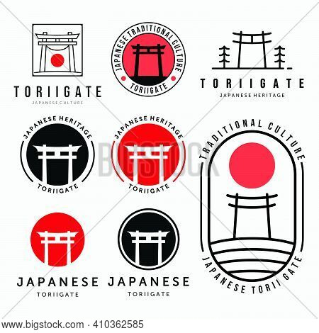 Set Or Bundle Of Torii Gate Logo Vector Design Vintage Illustration Line Art Emblem, Japanese Tradit