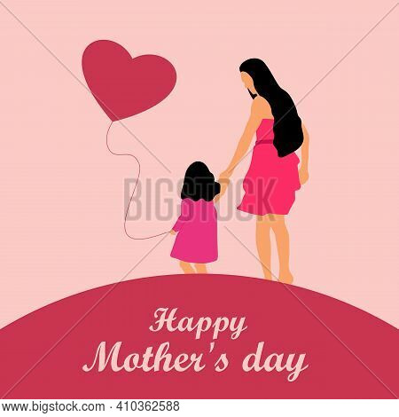 Watercolor Mother Silhouette With Her Baby. Card Of Happy Mothers Day. Vector Illustration With Beau