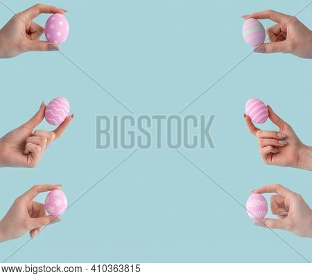 Easter Banner. Holiday Frame. Festive Handmade Food Decoration. Set Of 6 Pink Color Painted Egg With