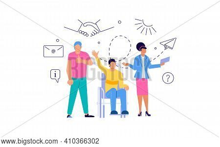 Join Our Team Concept With Group Of Cosmopolite People Working Together. Office Teamwork Or Coworkin