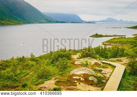 Fjord Landscape From Austnesfjorden Rest Area On Sildpollen Bay. Lofoten Islands Austvagoya, Norway.