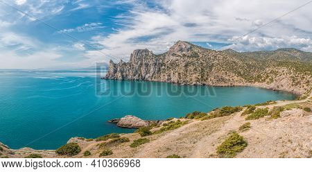 Beautiful Seascape, Panorama Of Cape Kapchik To The Galitsin Trail And Blue Bay Of The Black Sea. Su