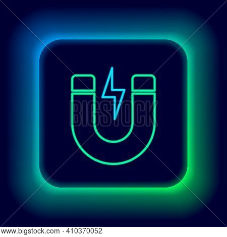 Glowing Neon Line Magnet With Lightning Icon Isolated On Black Background. Horseshoe Magnet, Magneti