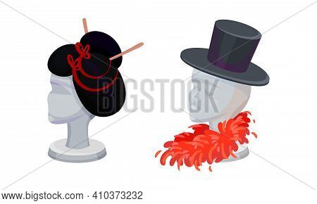 Dressing Room Items With Head Mannequin And False Hair Vector Set