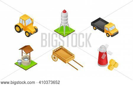 Tractor, Flour Mill And Water Tank As Agricultural And Farming Industry Vector Isometric Set