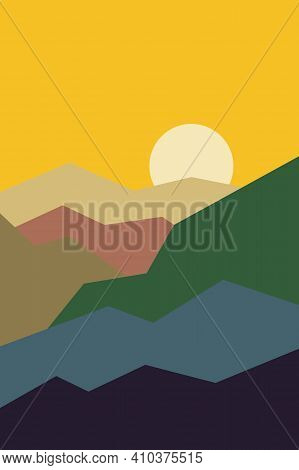 Yellow Sunny Sky. Brown, White, Green, Pink And Black Mountain Silhouette. Snowy Peaks. Abstract Tex