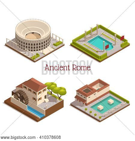 Ancient Rome Landmarks 4 Isometric Composition With Colosseum Forum Tabularium Columns Ruins Wooden 