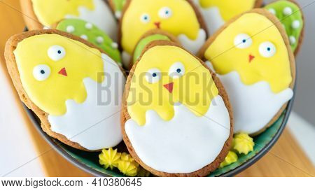 Cute Chickens Easter Background. Iced Sugar Cookies In Bright Frosting. Easter Stilllife With Funny 