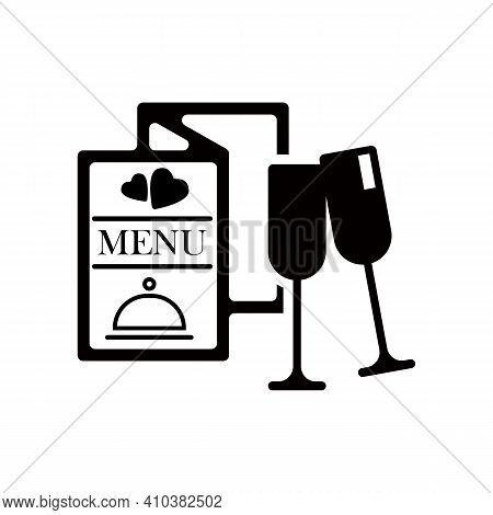 Dinner In A Restaurant. Menu, Vector Icon, Love, Glass And Wine