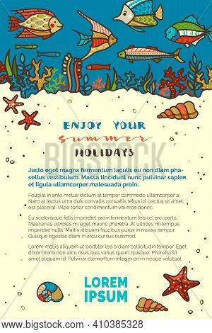 Various Fish, Sea Plants, Corals And Algae, Shells And Starfish, Jellyfish. Light Yellow Sand And Da