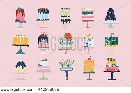 Flat Set Of Cake Birthday Vector Icons. Colorful Delicious Desserts, Birthday Cake With Chocolate An