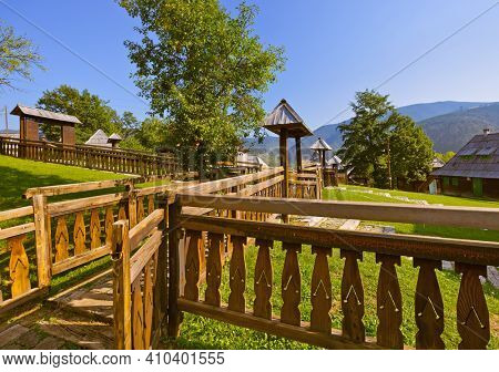 Traditional village Drvengrad Mecavnik in Serbia - architecture travel background