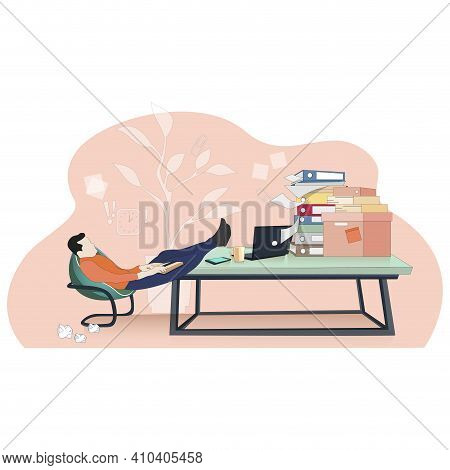 Lazy Worker Careless At Workpalce, Procrastinate Concept. Vector Lazy Worker Workpalce Procrastinate