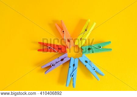Mood-boosting Color Concept, Colorful Wooden Multi-colored Clothespins In The Shape Of A Flower On A