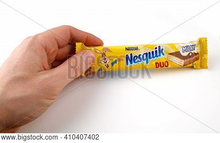 Lviv, Ukraine - February 24, 2021: Nesquik Chocolate Bar In Hand