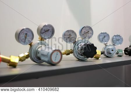 Moscow, Russia - January 5, 2020: Metalworking Exhibition. Gas Flowrate Regulators And Flow Measurin