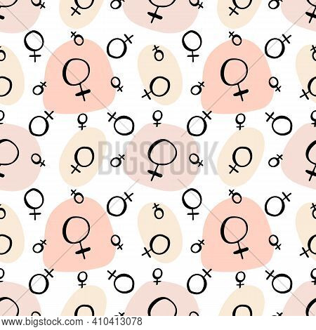 Seamless Pattern With Doodle Style Black Ink Planet Venus Sign And Geometric Shapes In Pink Neutral 