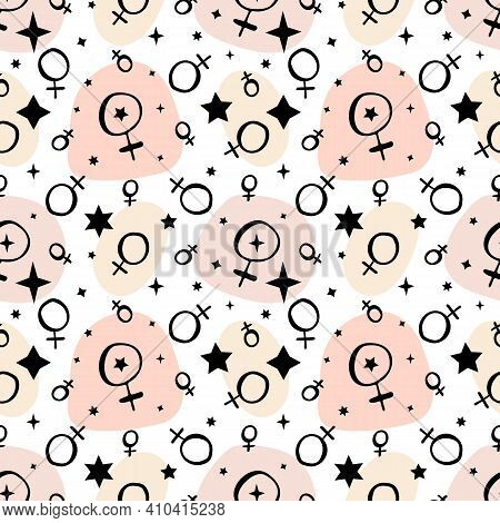 Seamless Pattern With Doodle Style Black Ink Planet Venus Sign, Stars And Geometric Shapes In Pink N