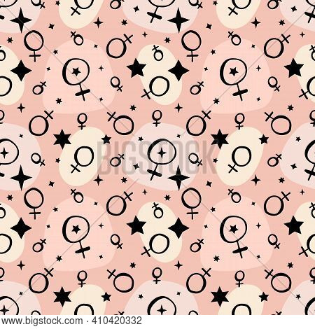 Seamless Pattern With Doodle Style Black Ink Planet Venus Sign, Stars And Geometric Shapes In Pink N