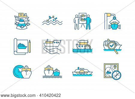 Marine Engineering Rgb Color Icons Set. Floating Structures Development. Oceanography. Cruising. Mar