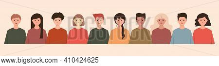 Group Of People, Young Men And Women With Different Skin Color.
