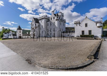 Perthshire, Scotland - May 24 , 2019 : White Elegant Blair Castle Locates Near The Village Of Blair 