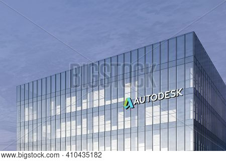 San Rafael, Ca, Usa. February 18, 2021. Editorial Use Only, 3d Cgi. Autodesk Signage Logo On Top Of 