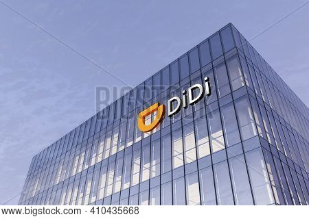 Beijing, China. February 19, 2021. Editorial Use Only, 3d Cgi. Didi Signage Logo On Top Of Glass Bui