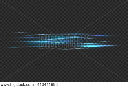 Light Speed Lines. Blue Neon Glow In Dark Stripes, Laser Stream, Car Fast Motion Trail Effect, Dark 