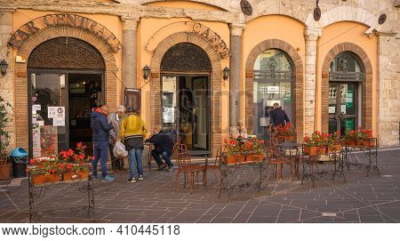 People In Street Cafe During The Coronavirus Epidemic In Medieval Town Of Orte In Italy