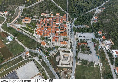 Aerial Drone Shot Of Walled City Of Ston Near Ragusa Dubrovnik In Croatia Summer Sunrise