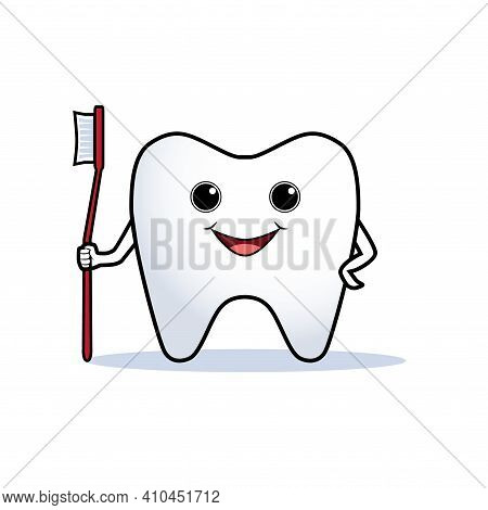 Сartoon Tooth Holding A Brush. Vector Illustration.