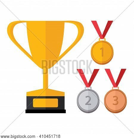 Cup And Gold, Silver, Bronze Medals. Flat Vector Illustration.